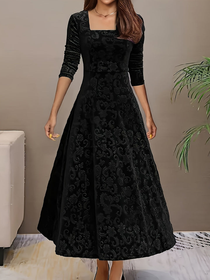 Nora | Women's Velvet A-Line Midi Dress Floral Embossed Dress with Corner Neckline 0
