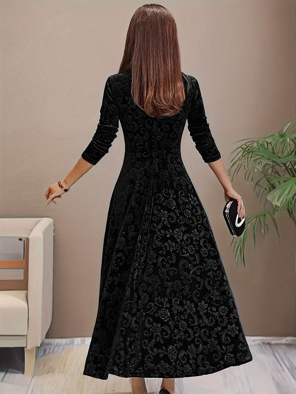 Nora | Women's Velvet A-Line Midi Dress Floral Embossed Dress with Corner Neckline 1