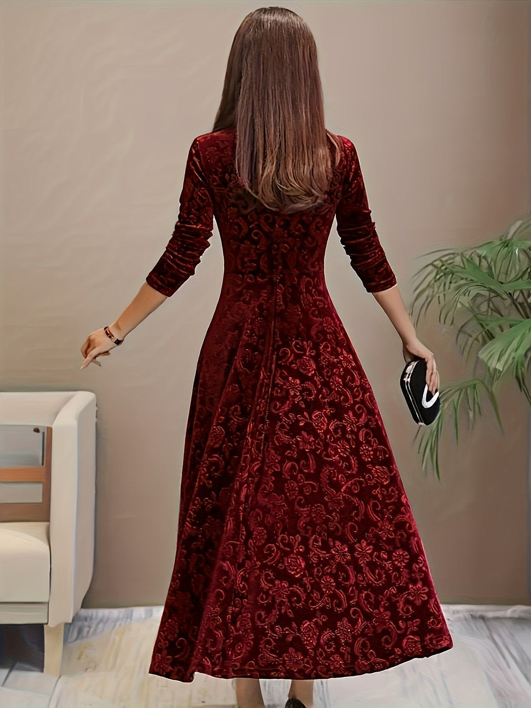 Nora | Women's Velvet A-Line Midi Dress Floral Embossed Dress with Corner Neckline 3