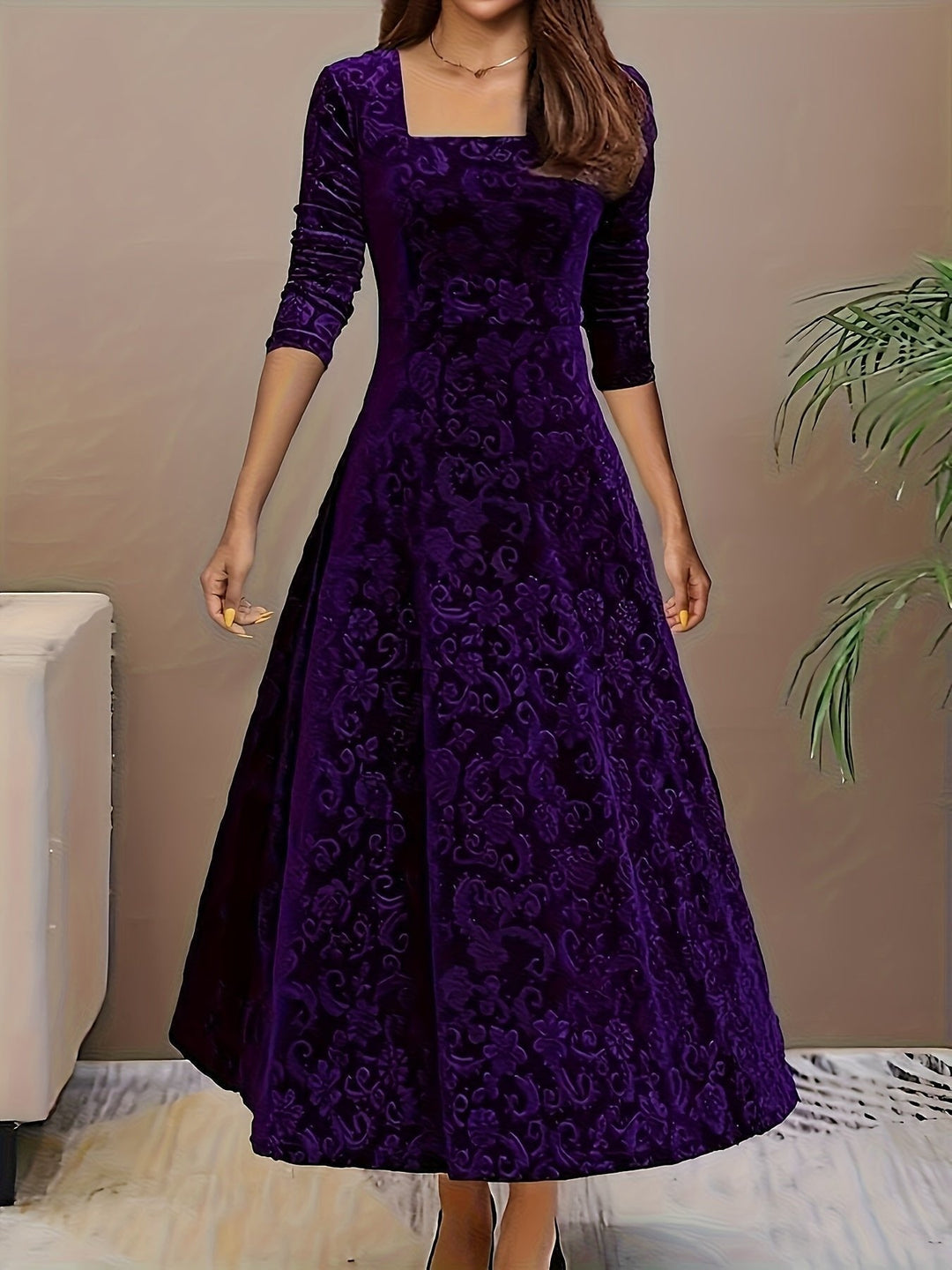 Nora | Women's Velvet A-Line Midi Dress Floral Embossed Dress with Corner Neckline 4