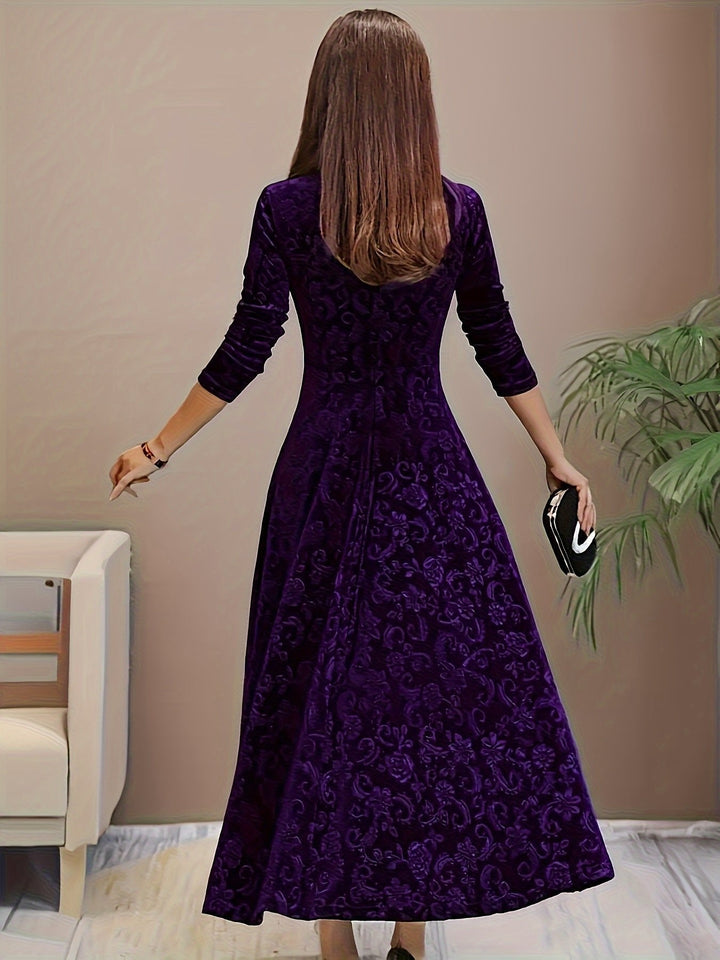 Nora | Women's Velvet A-Line Midi Dress Floral Embossed Dress with Corner Neckline 5