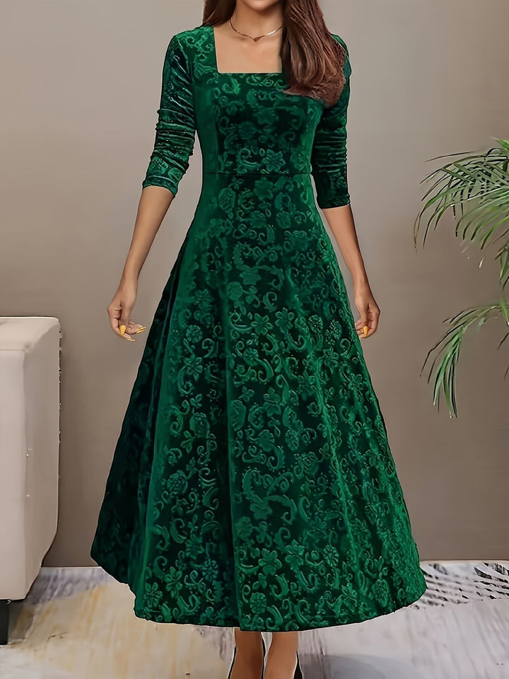 Nora | Women's Velvet A-Line Midi Dress Floral Embossed Dress with Corner Neckline 6