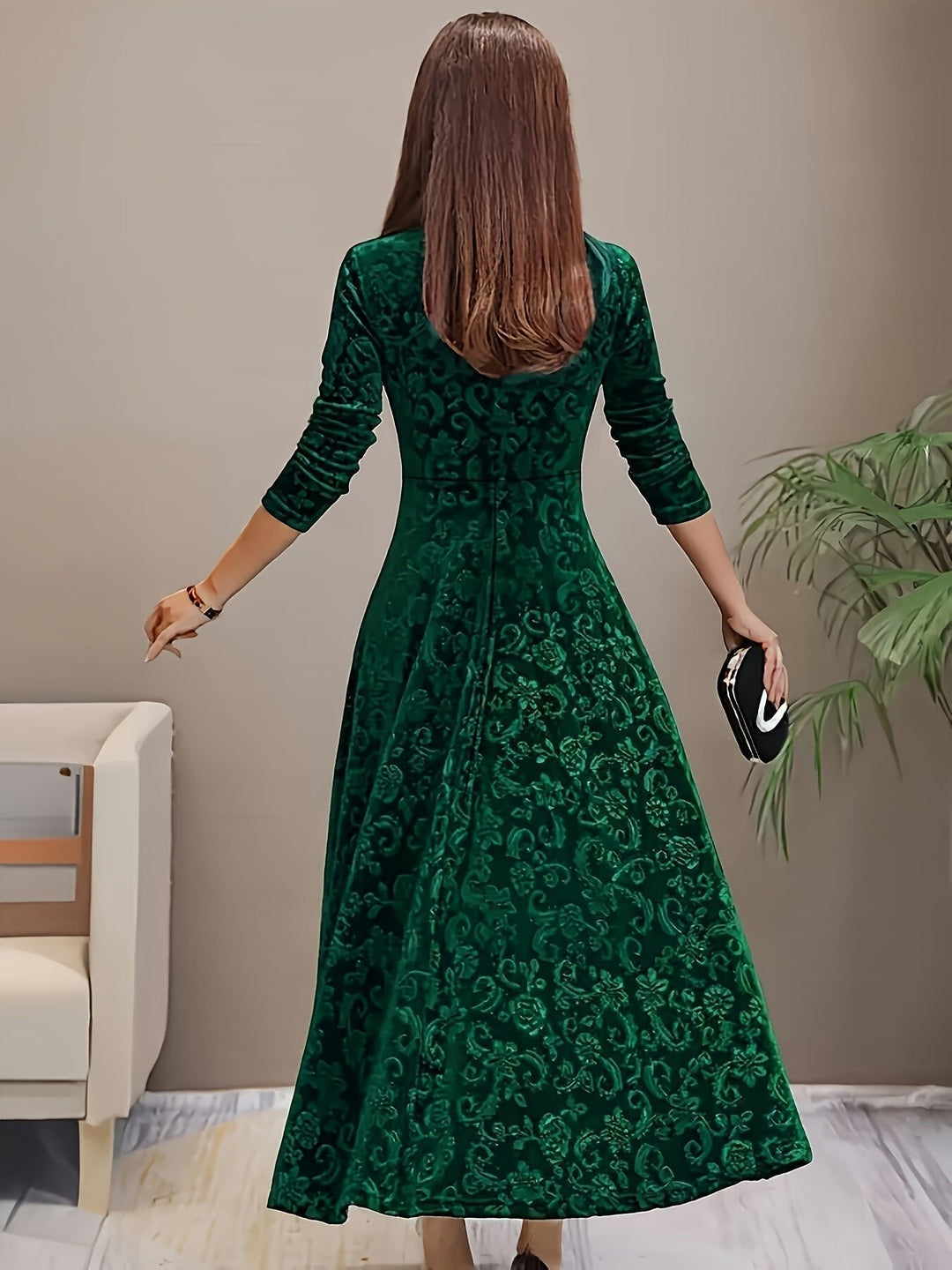 Nora | Women's Velvet A-Line Midi Dress Floral Embossed Dress with Corner Neckline 7