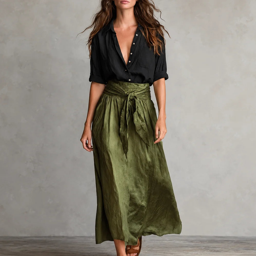 Olive & Onyx – Button Shirt And Tie-Waist Midi Skirt Set 0