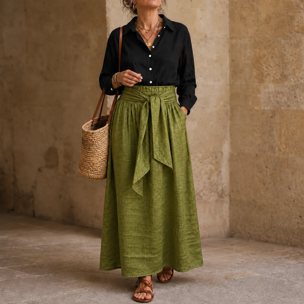 Olive & Onyx – Button Shirt And Tie-Waist Midi Skirt Set 1