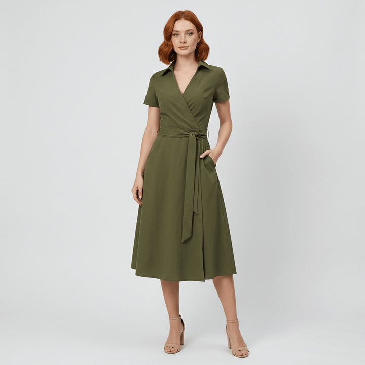 Sophie | Women's wrap midi dress with V-neck, waist belt, and side pockets 0
