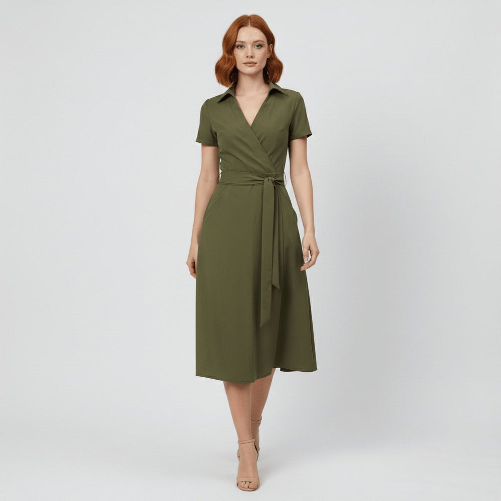 Sophie | Women's wrap midi dress with V-neck, waist belt, and side pockets 1