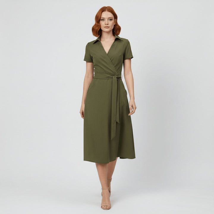 Sophie | Women's wrap midi dress with V-neck, waist belt, and side pockets 1