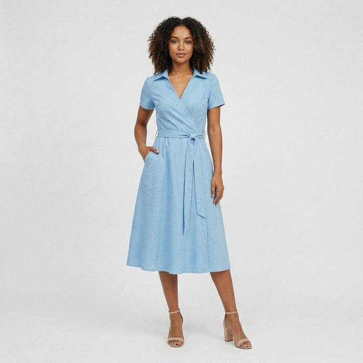Sophie | Women's wrap midi dress with V-neck, waist belt, and side pockets 10