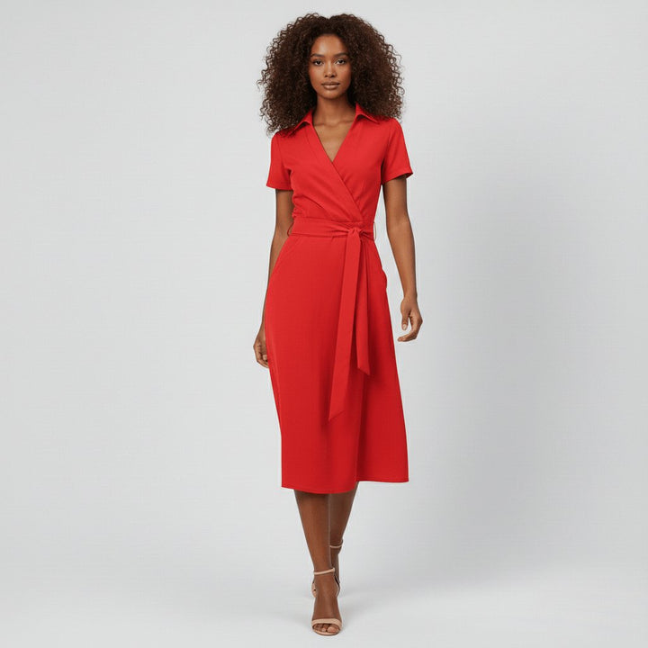 Sophie | Women's wrap midi dress with V-neck, waist belt, and side pockets 4