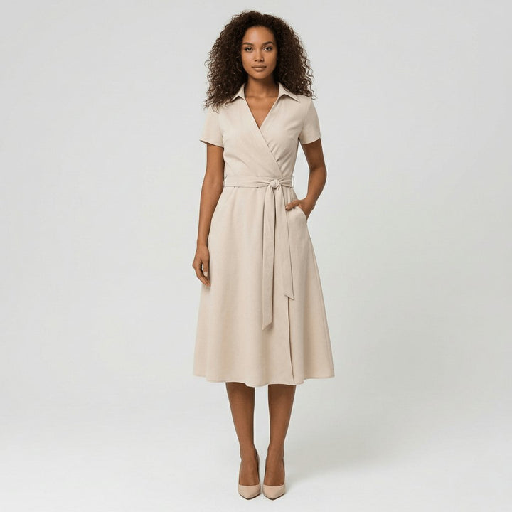 Sophie | Women's wrap midi dress with V-neck, waist belt, and side pockets 6