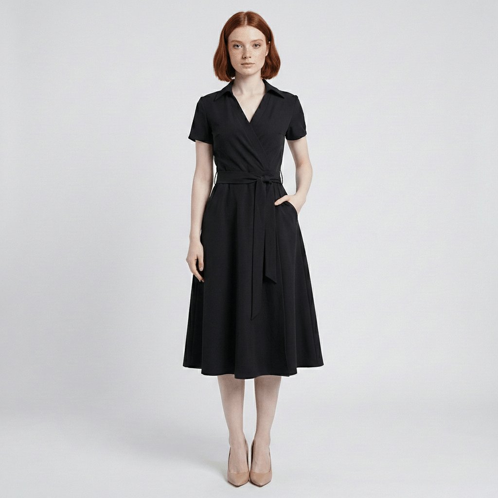 Sophie | Women's wrap midi dress with V-neck, waist belt, and side pockets 9