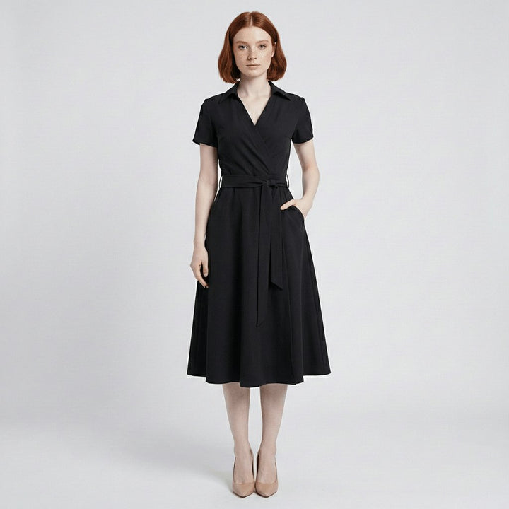 Sophie | Women's wrap midi dress with V-neck, waist belt, and side pockets 9