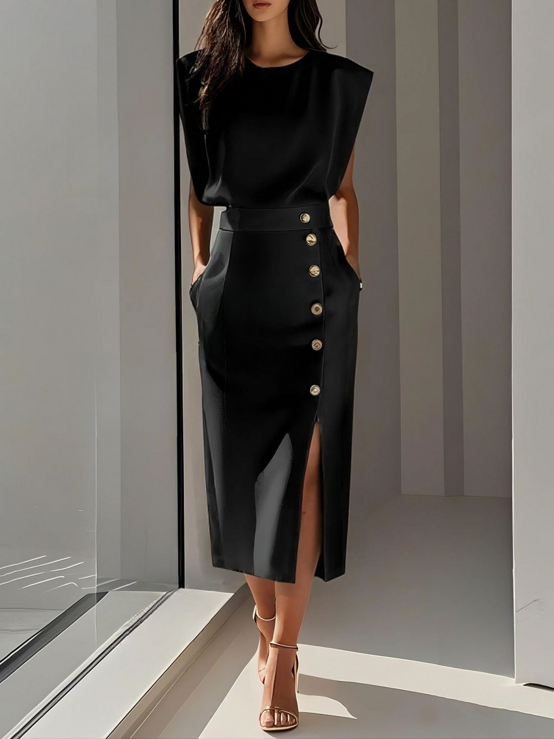 Sophisticated Round Neck Midi Dress for Versatile Elegance 7