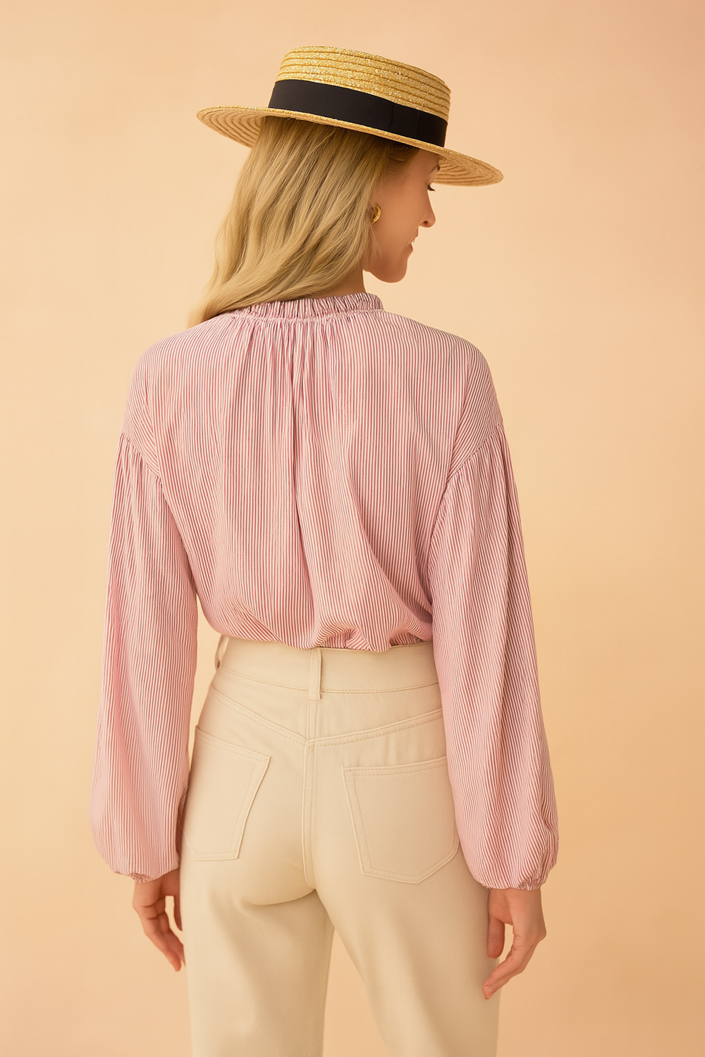 Stylish Striped Womens Blouse with Stand-Up Collar and Ruffle Details - Chic Summer Tops for Women 1