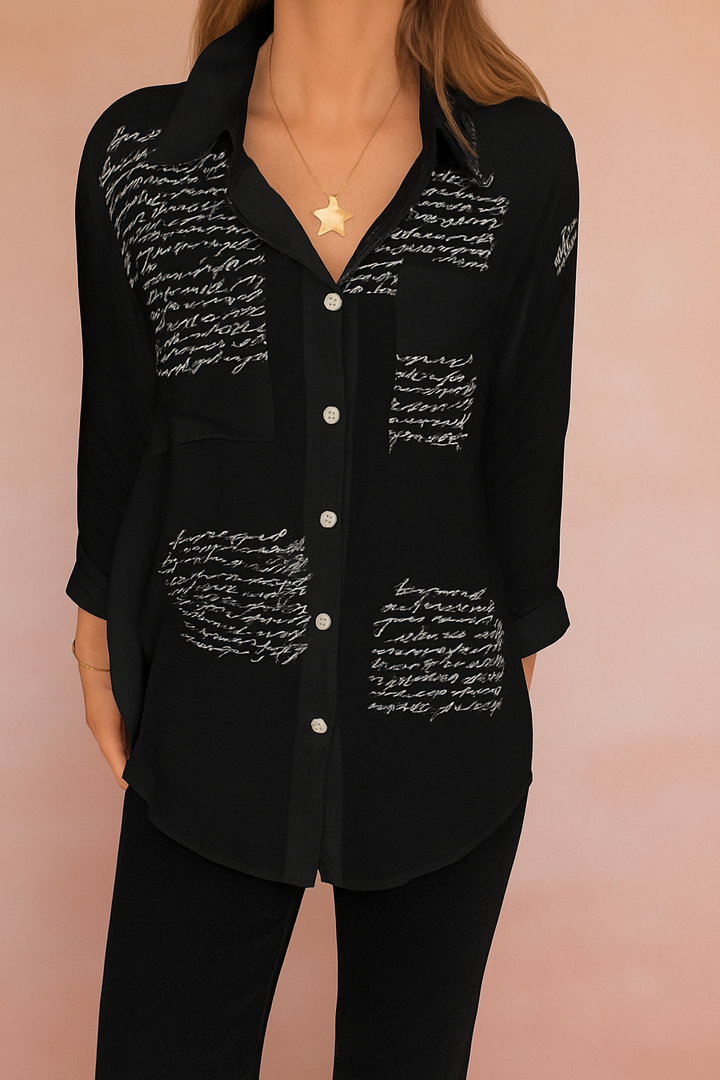Stylish Women's Blouse with Script Print - Lightweight Summer Tops for Women, Versatile Everyday Wear 0