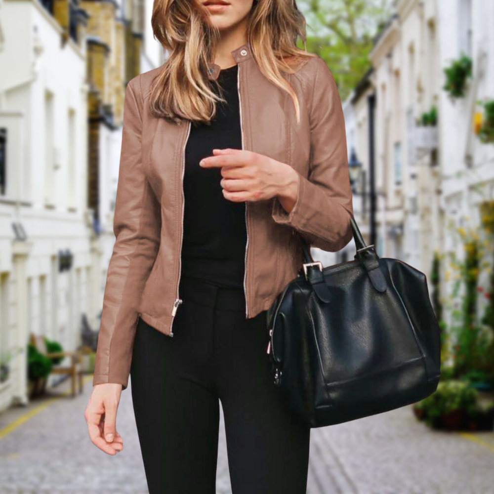 Women's Biker Jacket with Stand-Up Collar and Slim Zip Closure 1