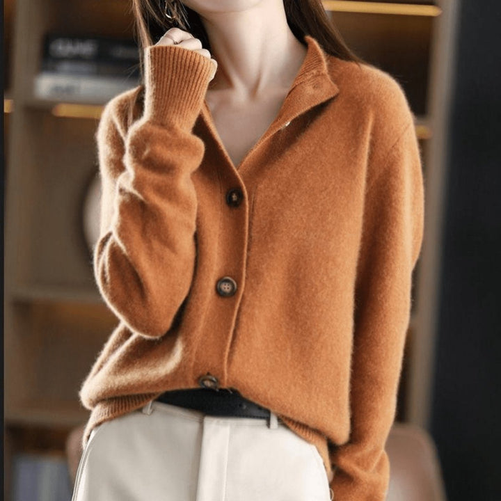 Women's Black Cardigan Sweater with Button Placket - Classic Crew Neck Layering Style for Comfortable Wear 2