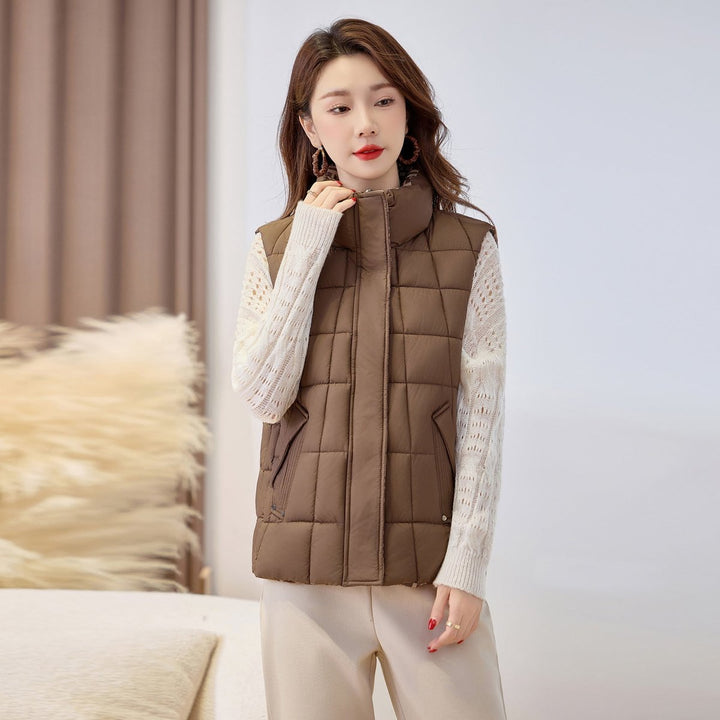 Women's Black Puffer Vest with Stand-Up Collar and Zip for Outdoor Layering 7