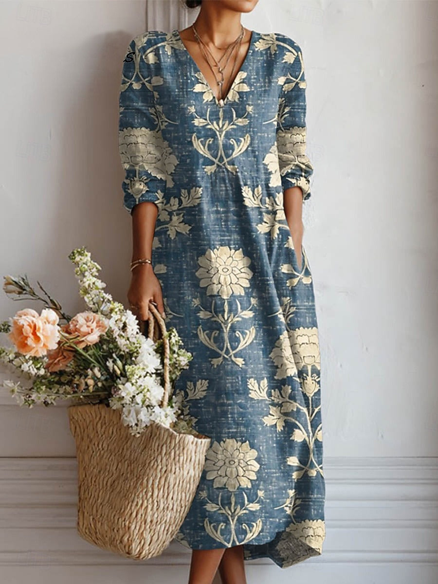 Women's Boho Midi Dress with V-Neck and Pockets for Summer Style 0