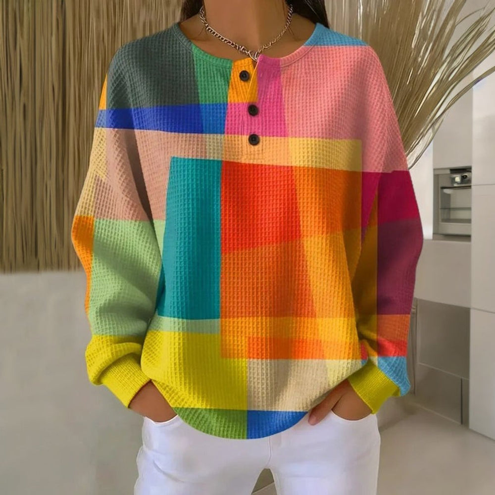 Women's Colourblock Waffle-Knit Pullover Sweater with Button Neckline 1
