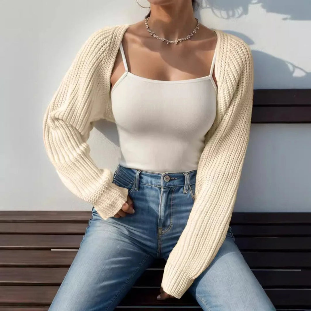 Women's Cropped Open-Front Ribbed Knit Shrug with Balloon Raglan Sleeves 2