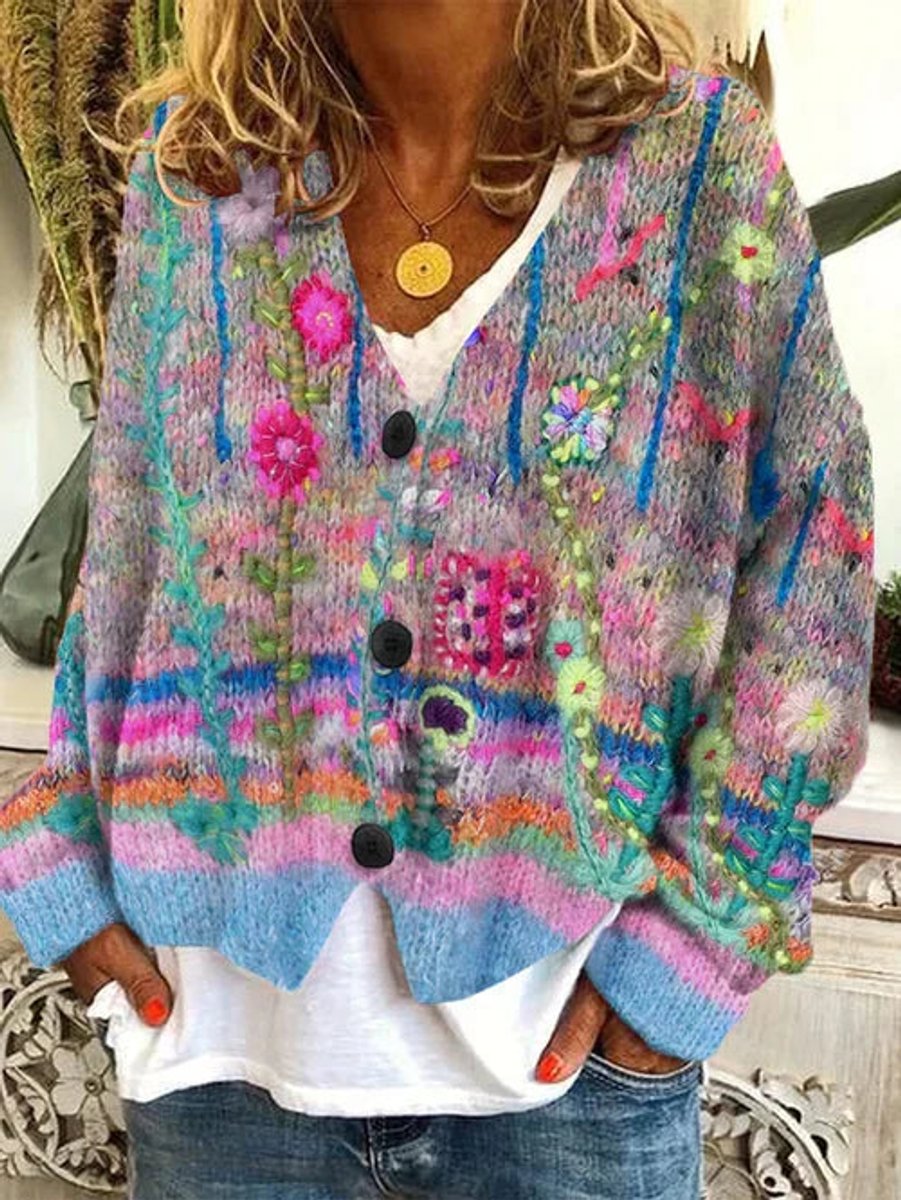 Women's Floral Cardigan Sweater with Button Placket - Colorful Knitted Design for Effortless Style and Comfort 0