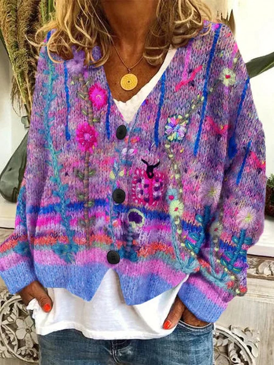 Women's Floral Cardigan Sweater with Button Placket - Colorful Knitted Design for Effortless Style and Comfort 1
