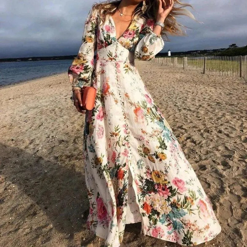 Women's Floral V-Neck Maxi Dress - Elegant Long Sleeve Summer Dress for Beach and Special Occasions 0