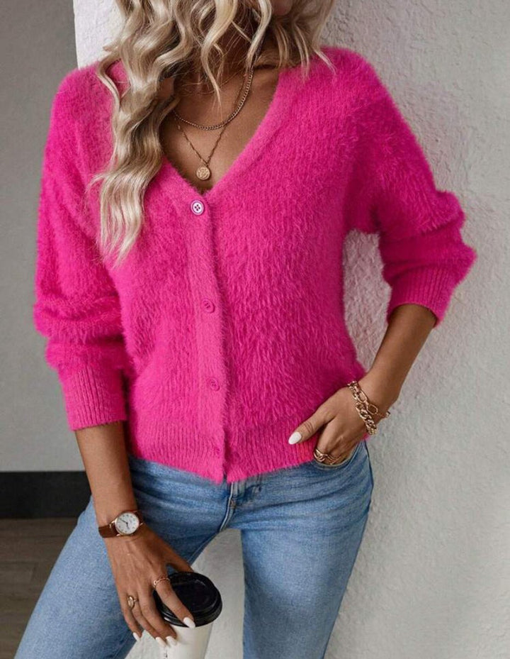 Women's Fluffy V-Neck Cardigan Sweater - Cozy White Cardigan for Effortless Style and Comfort 0