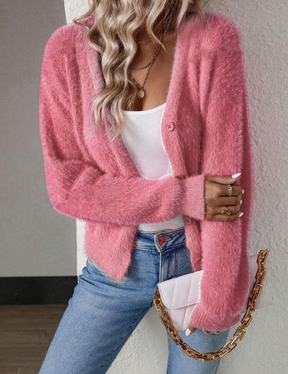 Women's Fluffy V-Neck Cardigan Sweater - Cozy White Cardigan for Effortless Style and Comfort 2
