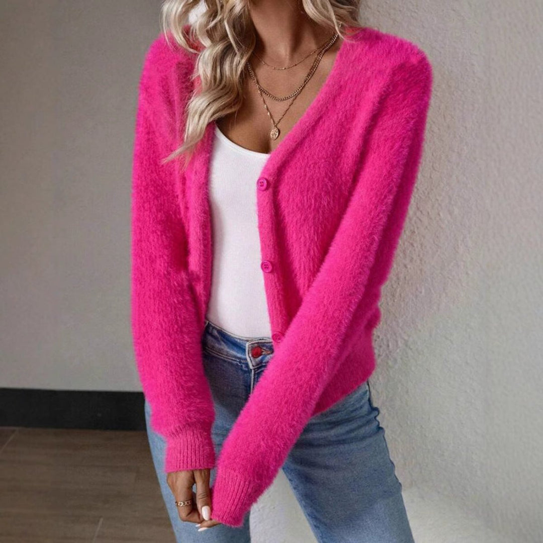 Women's Fluffy V-Neck Cardigan Sweater - Cozy White Cardigan for Effortless Style and Comfort 4