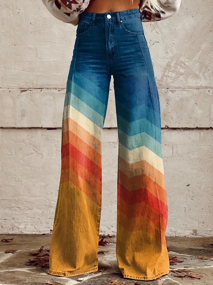 Women's High-Waisted Wide-Leg Jeans with Chevron Gradient Pattern Retro Style 0