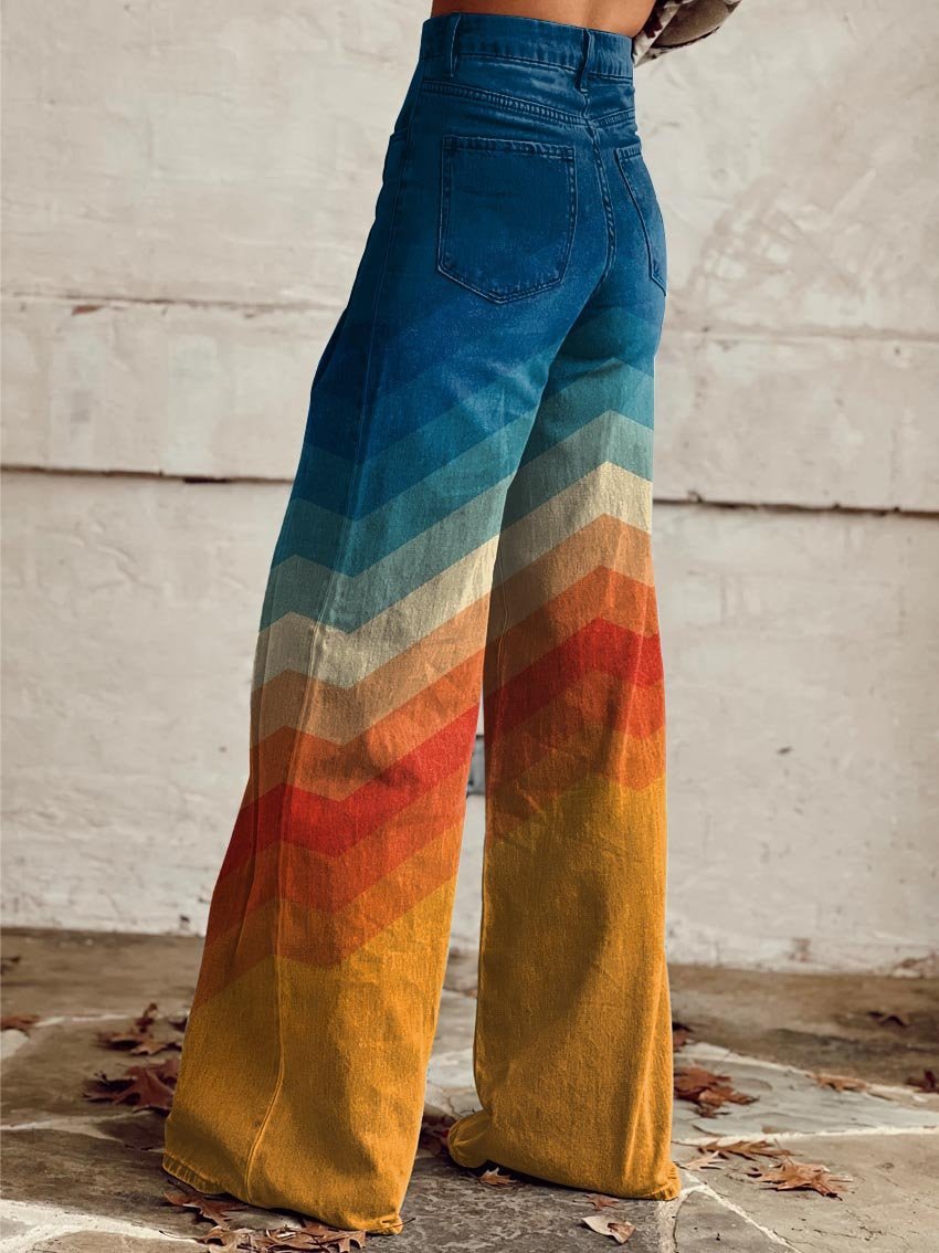 Women's High-Waisted Wide-Leg Jeans with Chevron Gradient Pattern Retro Style 1