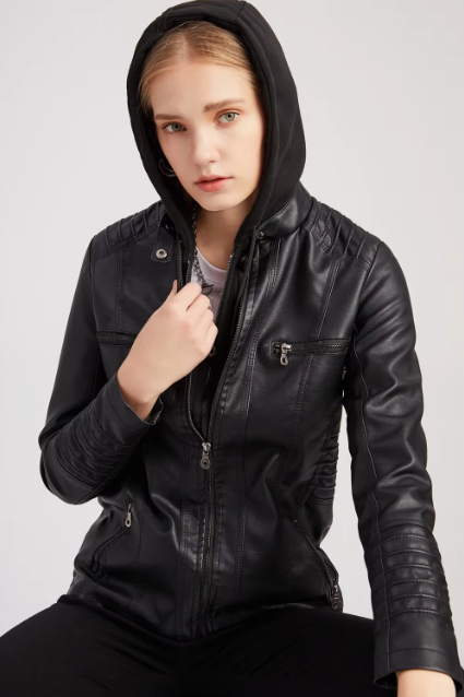 Women's Leather Jacket with Removable Hood – Stylish Biker Jacket for Summer and Autumn 2