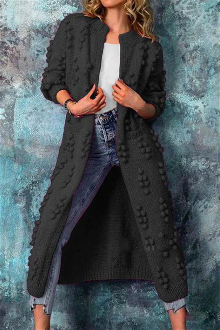 Women’s Long Winter Knitted Cardigan with Pom Pom Details Cozy Warm Layer 0