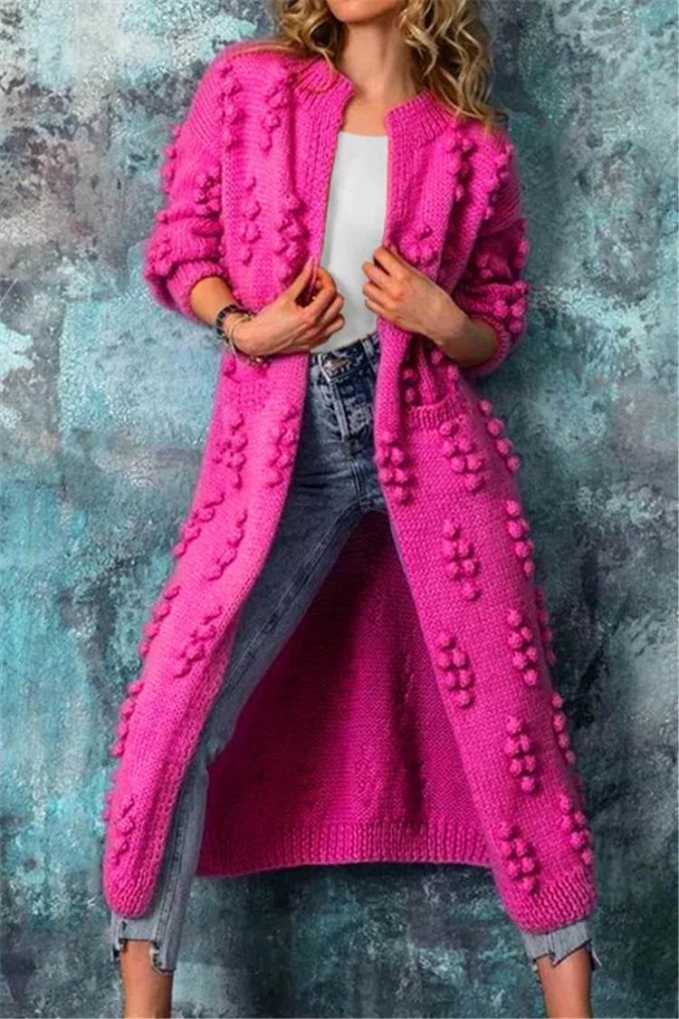 Women’s Long Winter Knitted Cardigan with Pom Pom Details Cozy Warm Layer 1