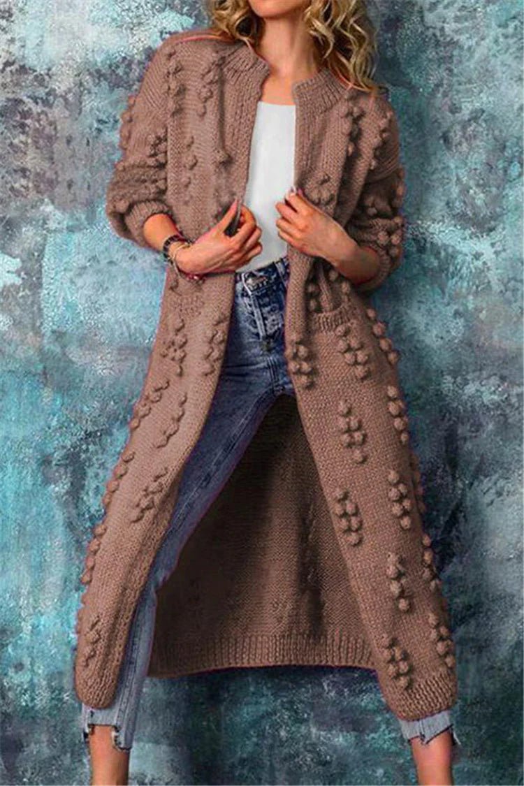 Women’s Long Winter Knitted Cardigan with Pom Pom Details Cozy Warm Layer 3
