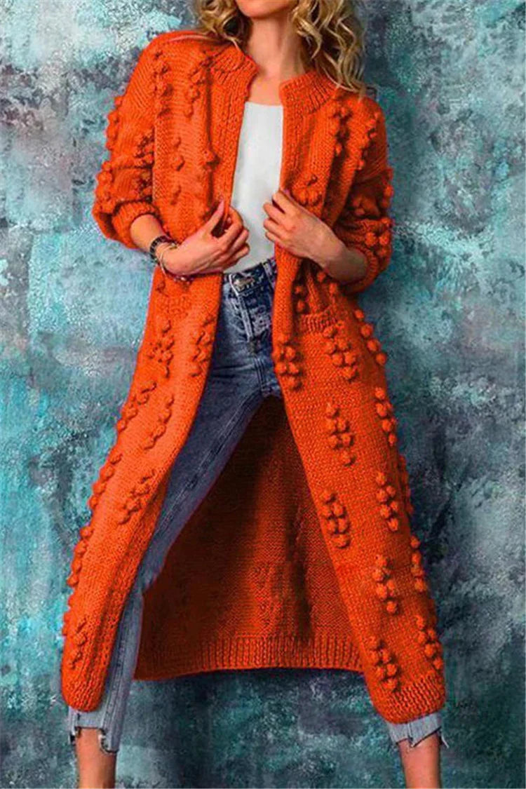 Women’s Long Winter Knitted Cardigan with Pom Pom Details Cozy Warm Layer 4
