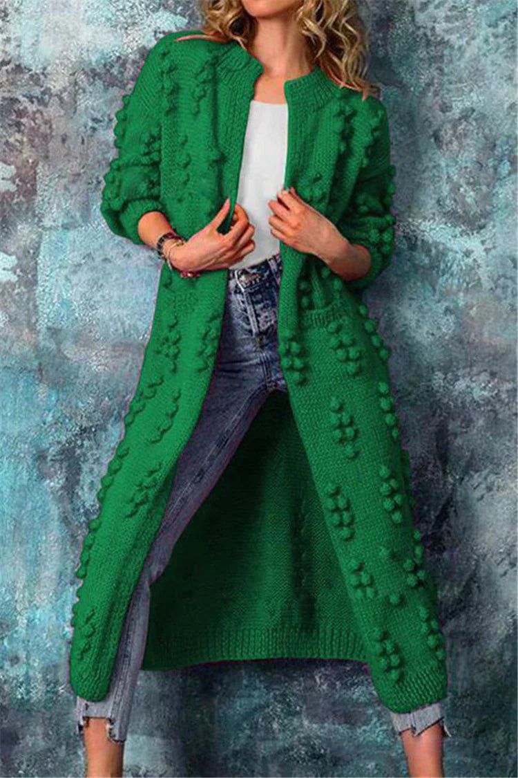 Women’s Long Winter Knitted Cardigan with Pom Pom Details Cozy Warm Layer 6