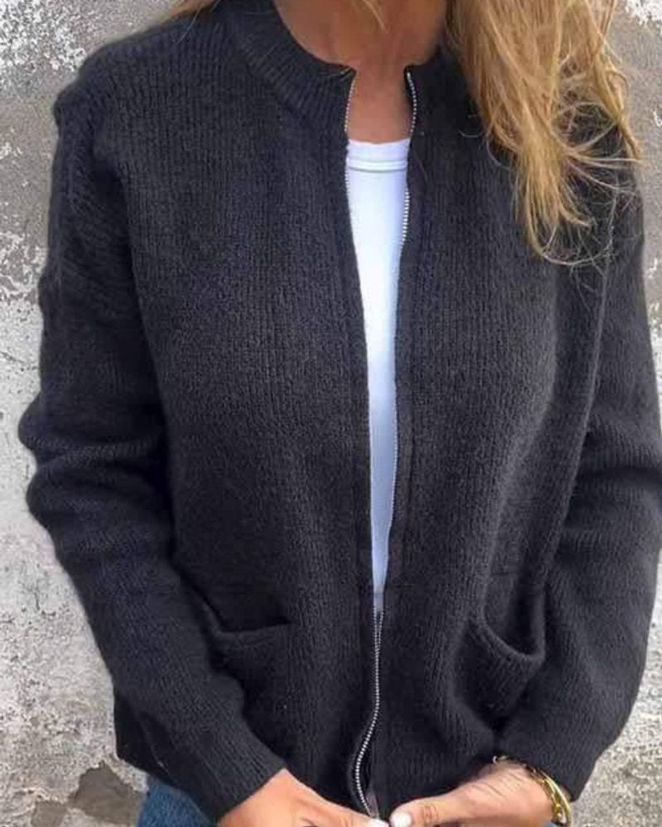 Women's Loose Fit Black Cardigan Sweater with Zipper and Front Pockets for Casual Everyday Wear 1