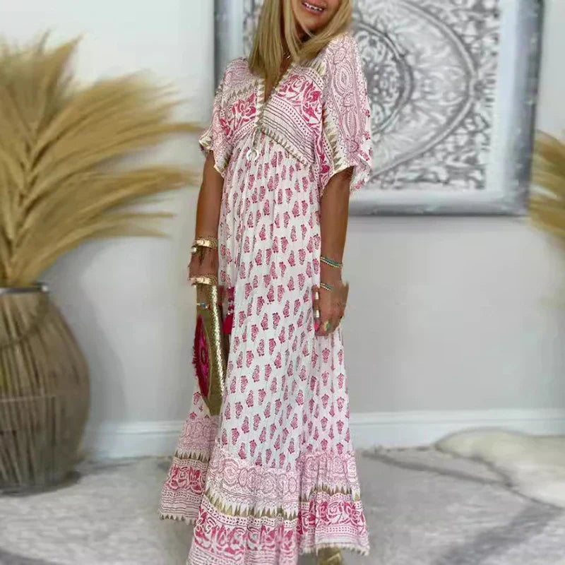 Women's Maxi Dress - Floral Printed Summer Dress with Short Sleeves for Effortless Style 0