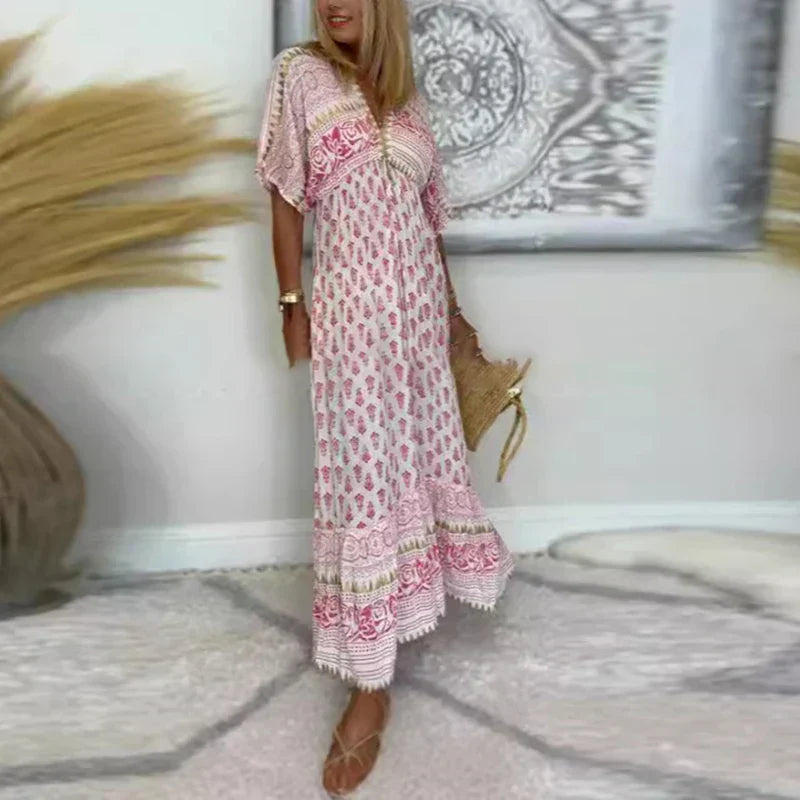 Women's Maxi Dress - Floral Printed Summer Dress with Short Sleeves for Effortless Style 1