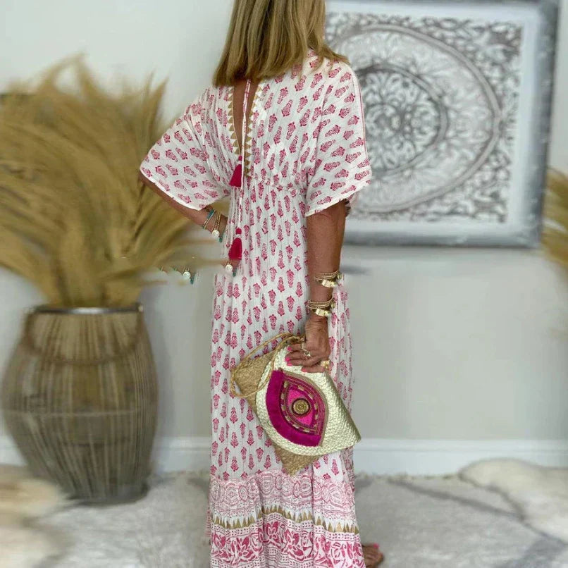 Women's Maxi Dress - Floral Printed Summer Dress with Short Sleeves for Effortless Style 2