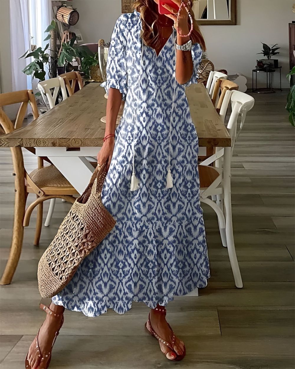 Women's Maxi Dress with Tassel Tie Front - Boho Style for Summer 0