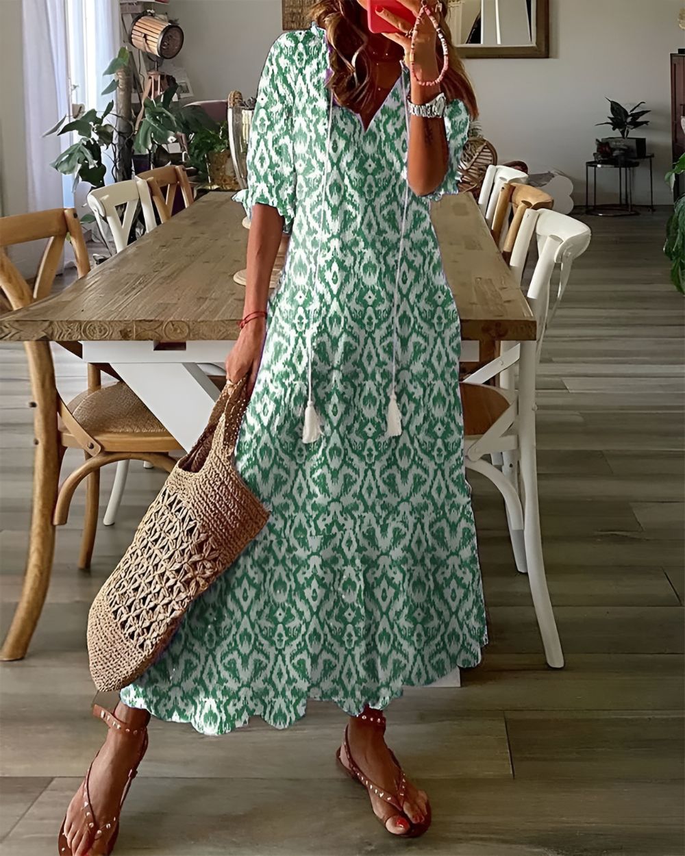 Women's Maxi Dress with Tassel Tie Front - Boho Style for Summer 1