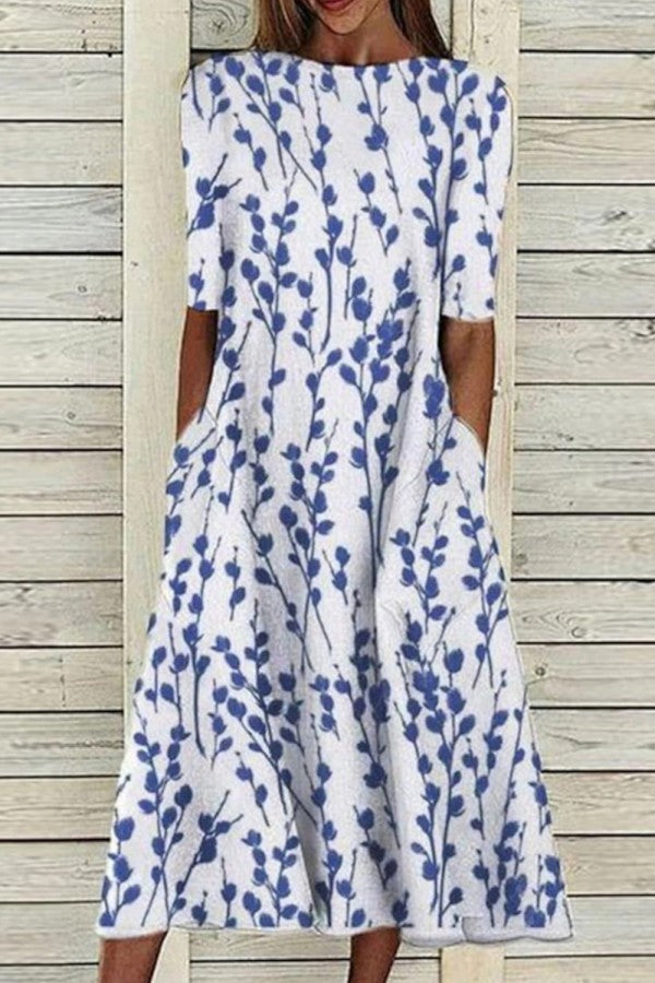 Women’s Midi Dress with Botanical Print and Flared Silhouette 0