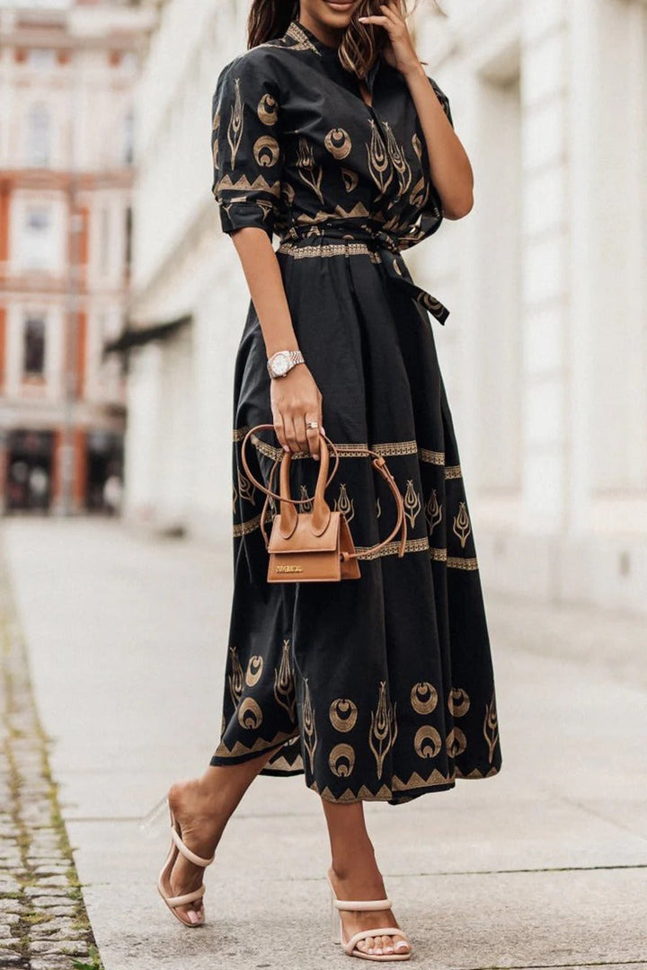Women's Midi Dress with Collared Neckline and Printed Design - Chic and Versatile Dresses for Any Occasion - Black / 2XL