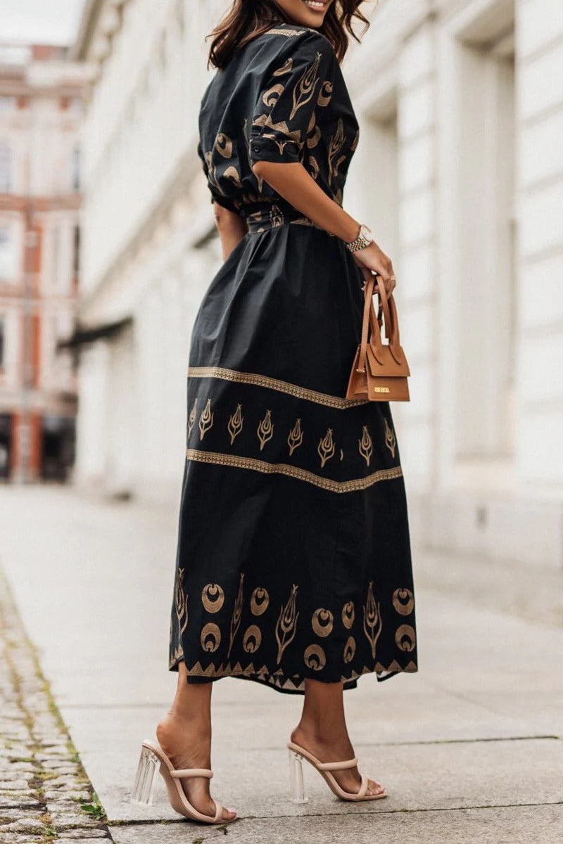 Women's Midi Dress with Collared Neckline and Printed Design - Chic and Versatile Dresses for Any Occasion 1