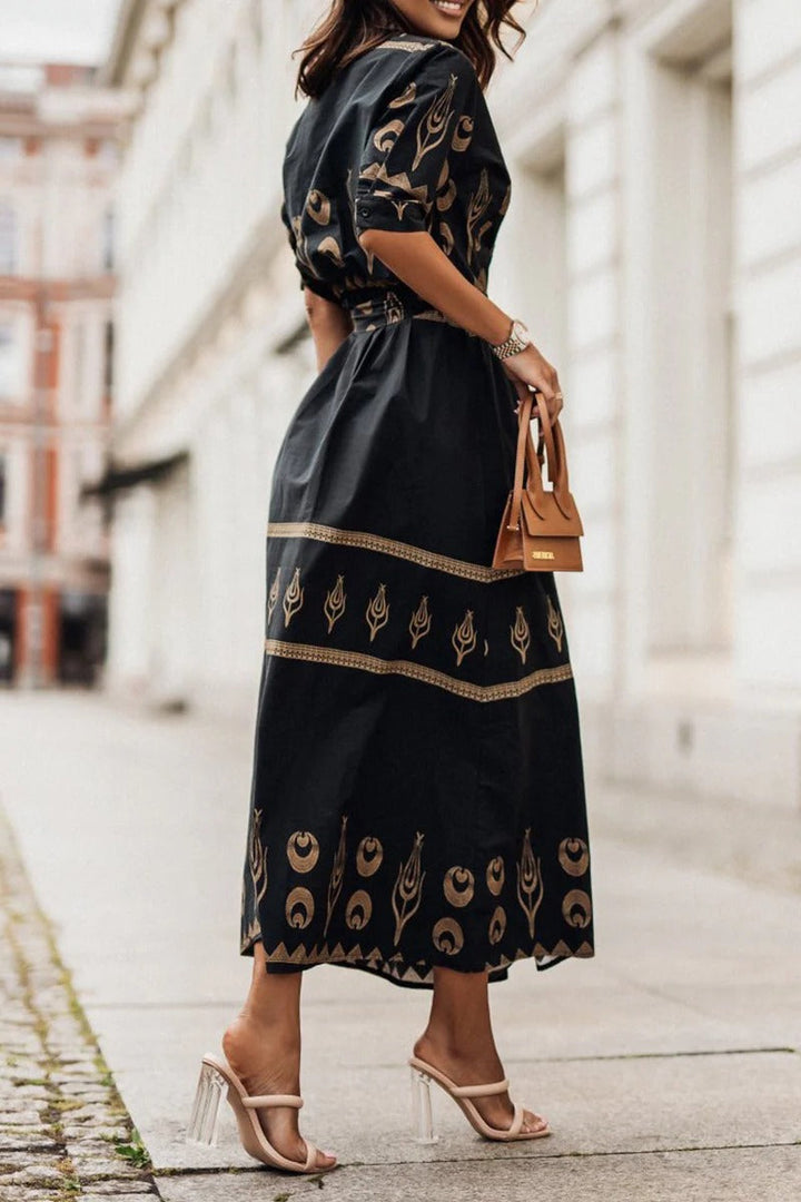 Women's Midi Dress with Collared Neckline and Printed Design - Chic and Versatile Dresses for Any Occasion 1